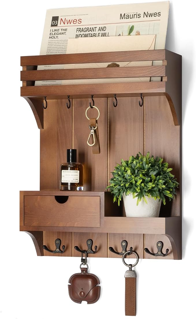 Rebee Vision Farmhouse Key Holder Wall Mount – Decorative Mail Organizer with 9 Key Hooks and Mini Drawer Organizer – Rustic Home Decor for Apartment Essentials (Brown)