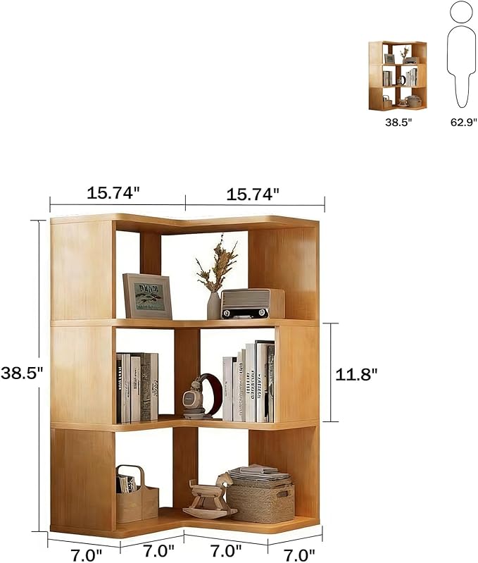 ALKSDNQ Corner Bookshelf, 3 Tier Corner Book Shelf Etagere Bookcase with Baffle, Freestanding L Shaped Display Shelf Stand for Home Office, Living Room, Bedroom, Brown