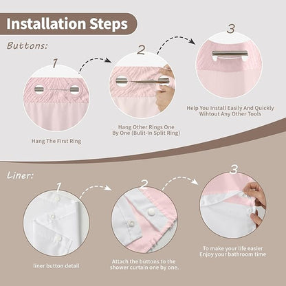 no Hook Shower Curtain and Liner Set，Boho Style with See Through Top Window, Pink Fabric Tufted Striped Textured Outer Curtain & Waterproof Inner Liner, Pink, 71Wx98H