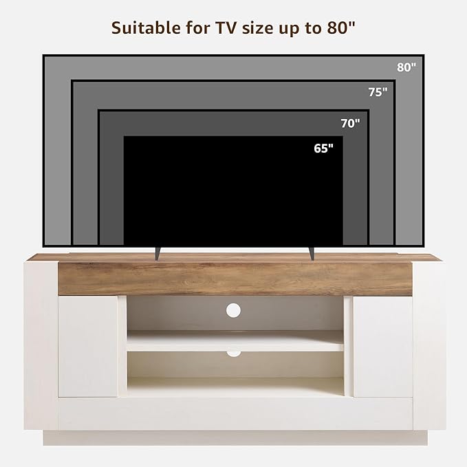 OKD Modern 70" TV Stand, Entertainment Center for TVs Up to 80", Media Console with Large Open Storage & Side Cabinets, Thick Wood Design for Living Room, Antique White
