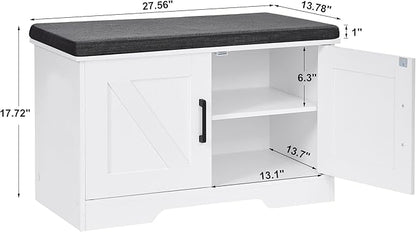 2-Tier Storage Bench, 27.6" Wide Shoe Bench with Padded Seat Cushion, Entryway Bench with 2 Barn Doors and Adjustable Shelf, White