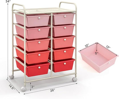 Giantex 10 Drawers Rolling Cart, Classroom Organizers, Storage Cart with Wheels, for Teacher Office Home School Supplies Tool Craft Art Paper, Pink Gradient