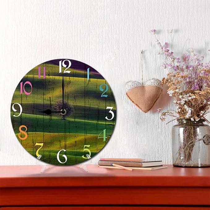 Grass Wall Clock 10 Inch Wooden Battery Operated Autumn Forest Maple Leaves Wall Clocks Decorative Indoor,Decorative for Kitchen Bathroom Bedroom
