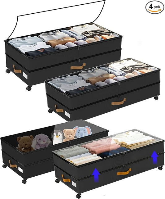 Under Bed Storage with Wheels 2-Pack, 75L XXL Under the Bed Storage Containers Large, 12" Tall Adjustable Storage for Underbed with Lids, Rolling for Clothes, Shoes, Blankets (4PCS-Black)