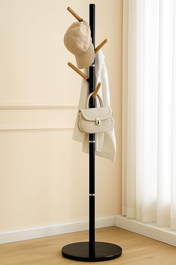 A&M Coat Rack Freestanding with 6 Wooden Hooks & Marble Base - 18 lbs Metal Coat Tree Stand for Hanging Clothes, Hats, Bags, & Jackets - Heavy Duty Purse Rack Stand for Entryway, Bedroom & Office