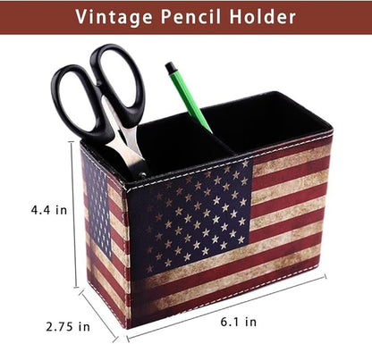 American Flag Desk Organizer, PU Leather Retro Vintage Cool Supplies, Patriotic Decor Pen Pencil Holder Office Home Accessories (USA Flag)