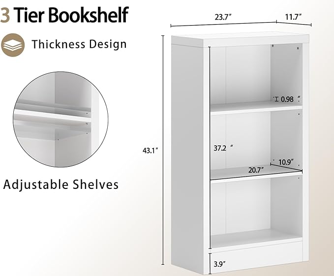 furtble Narrow 3-Tier Bookshelf, 23.6 Inch Wide Storage Shelf - Space Saving Floor Standing Bookcase for Small Spaces, Home Office, Bedroom, Easy to Assemble with Thick Wood, White