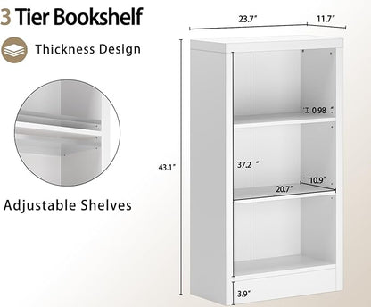 furtble Narrow 3-Tier Bookshelf, 23.6 Inch Wide Storage Shelf - Space Saving Floor Standing Bookcase for Small Spaces, Home Office, Bedroom, Easy to Assemble with Thick Wood, White