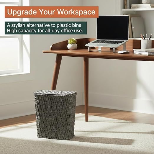 3 Gallon Paper Rope Bathroom Trash Can,Small Wicker Trash Cans with Lid and Liner,Woven Rattan Narrow Waste Basket for Bedroom,Office,Grey