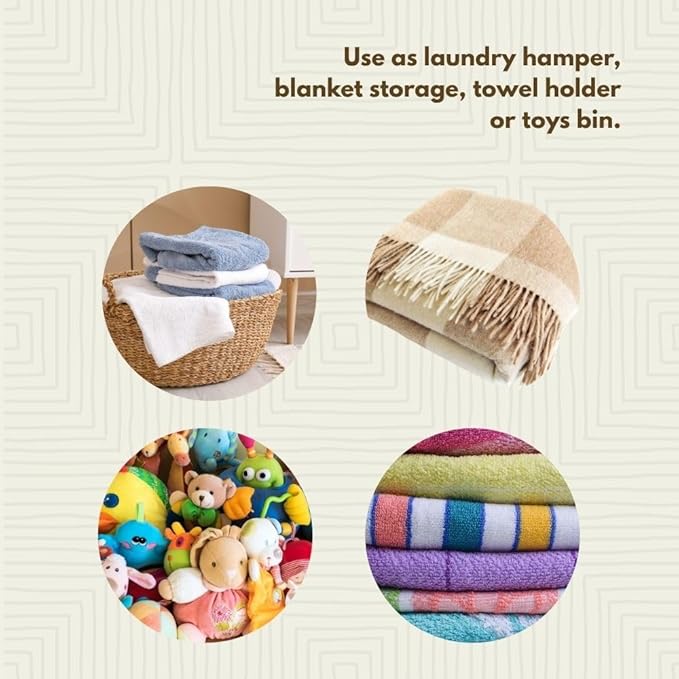 Natural Beige Laundry Basket with Hooded Lid, Bedroom Hamper, Nursery Toys Bin, Living Room Blankets Storage, Decorative, Wicker, Sturdy, Round, Handles, African, Hand Woven, Made in Senegal (Medium)