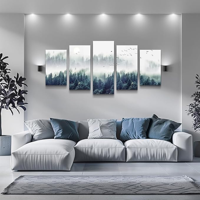 Canvas Wall Art For Living Room Wall Decorations For Bedroom Modern Office Wall Decor Foggy Forest Trees Landscape Paintings Stretched And Framed Ready To Pictures Home Decor 5 Piece Set W60”x H30”