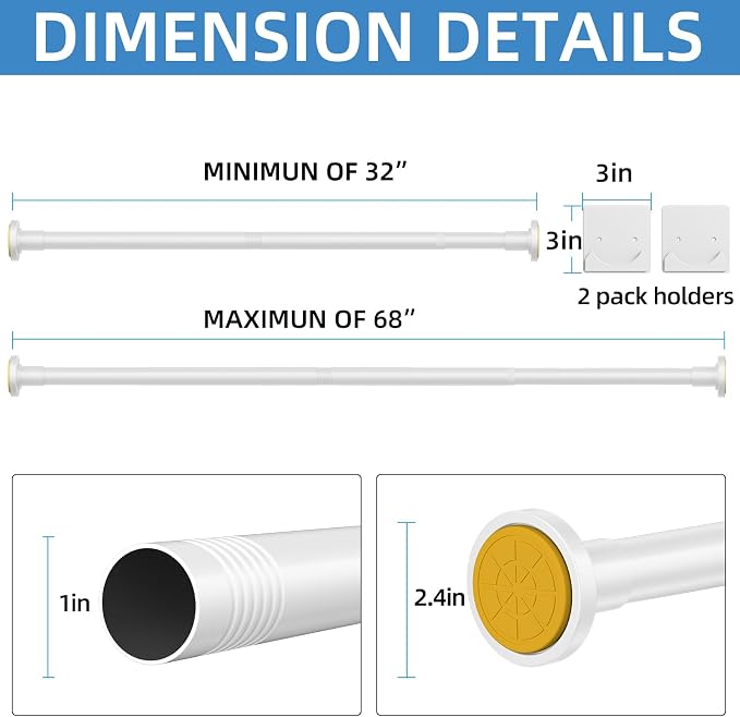 CorkLatta White Shower Curtain Rod,1 Inch Diameter Stainless Steel Adjustable Spring Tension Rods 32 to 68",with Holders,Anti-Slip,Curtain Rods No Drilling(1 Pack)