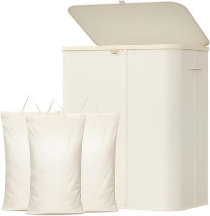 Lifewit 185L 3 Section Laundry Hamper with Lid, Large Laundry Basket with Handles and Removable Bags, Tall Clothes Hamper, Foldable Laundry Sorter for Bedroom Bathroom, White