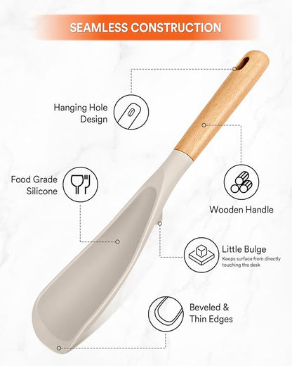 Cooking Spoon and Rice Scooper for Nonstick Cookwares, Great for Cooking and Serving Sturdy BPA-Free Matte Silicone, Wood Handle Spoon for Mixing, Scoop, and Scrape (KHAKI)