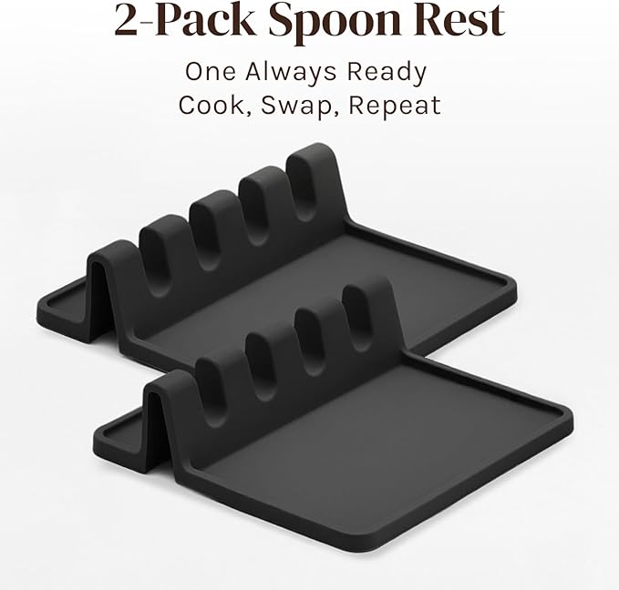 Cooler Kitchen Black Silicone Spoon Rest for Stove Top with Drip Pad (Two Pack) - Heat-Resistant, BPA-Free Utensil Rest & Spoon Holder for Kitchen Counter - Grill Utensil Holder for Spatulas