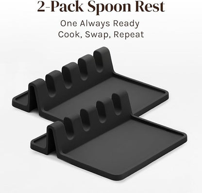 Cooler Kitchen Black Silicone Spoon Rest for Stove Top with Drip Pad (Two Pack) - Heat-Resistant, BPA-Free Utensil Rest & Spoon Holder for Kitchen Counter - Grill Utensil Holder for Spatulas