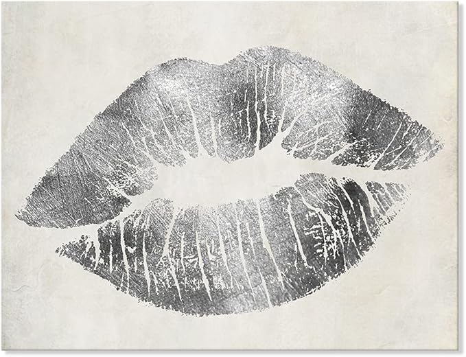 Silver Lip Wall Decor Lips Canvas Wall Art Glam Home Decor Framed Lip Painting Wall Picture for Bedroom Bathroom Makeup Room Wall Decoration 24x18Inch