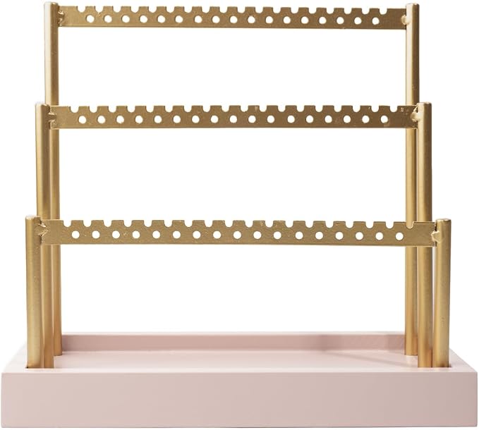 SANY DAYO HOME 3-Tier Earring Holder Organizer Stand, 105 Holes Gold Metal Earring Rack Jewelry Display Tree with Pink Wood Tray for Women and Girls