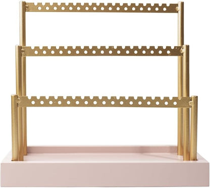 SANY DAYO HOME 3-Tier Earring Holder Organizer Stand, 105 Holes Gold Metal Earring Rack Jewelry Display Tree with Pink Wood Tray for Women and Girls