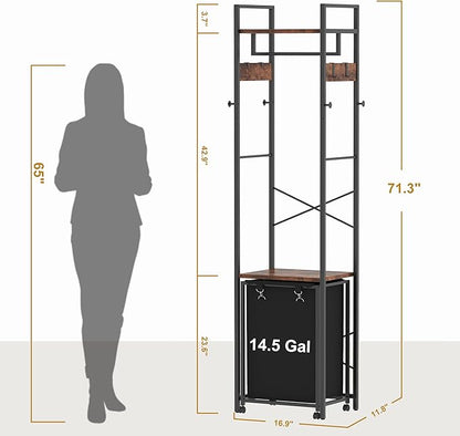 Coat Rack with Laundry Basket, Laundry Hamper Freestanding Hall Tree, Clothes Rack with Storage Shelves, 14.5 Gal Removable Bags on Wheels, Black and Brown JLH005SR