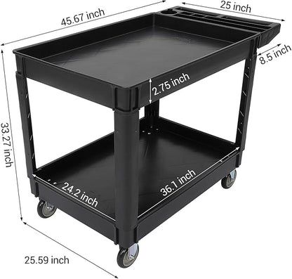 2-Shelf Foldable Utility Cart, 45"X25" Rolling Service Cart with 500LB Capacity, Heavy-Duty Storage Cart with Wheels for Warehouse, Garage, Home Use,Black