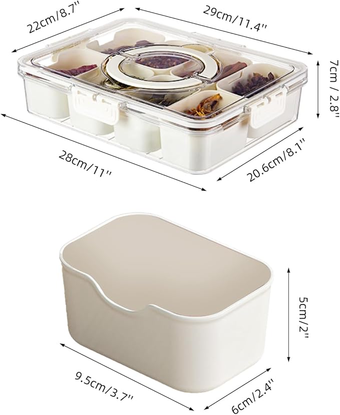 Air-Tight Snackle Box Container –Divided Serving Tray with Lid & Handle–Clear Snack box for Fruits, Candy & Nuts–Portable for Travel & Daily Use (8 Inside Containers Dishwasher Safe)
