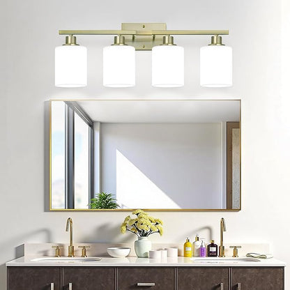 4-Light Bathroom Light Fixtures, Aged Brass Vanity Light with Milky White Shades, Bathroom Lighting Fixtures Over Mirror, Modern Bathroom Wall Lamp for Mirror Living Room Cabinet Bedroom