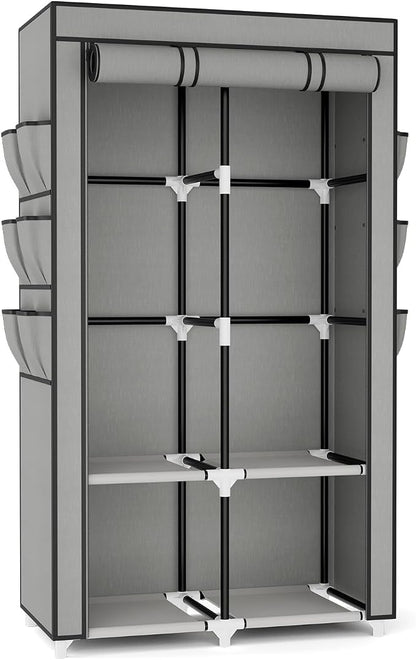 VTRIN Portable Closet Wardrobe for Hanging Clothes with 4 Storage Shelves, 2 Hanging Rods and 6 Pockets, Stable and Easy Assembly Clothes Rack with Cover Free Standing Closet for Bedroom, Grey