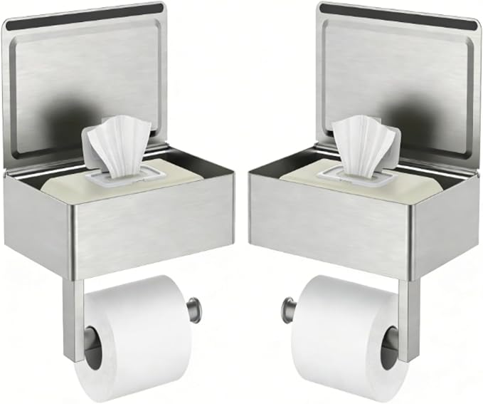 FORIOUS Toilet Paper Holder with Shelf, Sanitary Napkin Receptacle Tampon Holder, Wall Mount Toilet Paper Holder with Storage, Flushable Wipes Dispenser Fits for Bathroom Commercial(Brushed Nickel)