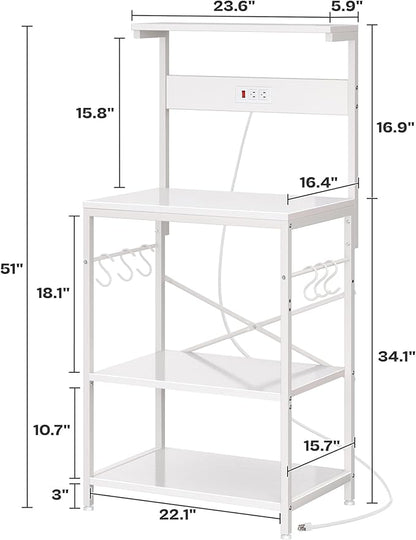 SUPERJARE Kitchen Bakers Rack with Power Outlet, Coffee Bar Table 4 Tiers, Kitchen Microwave Stand with 6 S-Shaped Hooks, Storage Shelf Rack for Spices, Pots and Pans - White