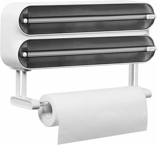 Magnetic Plastic Wrap Dispenser with Cutter - Refillable Tin Foil and Plastic Wrap Organizer for Kitchen, Aluminum Foil Dispenser with Paper Towel Holder Wall Mount - Fits 12" Roll, White