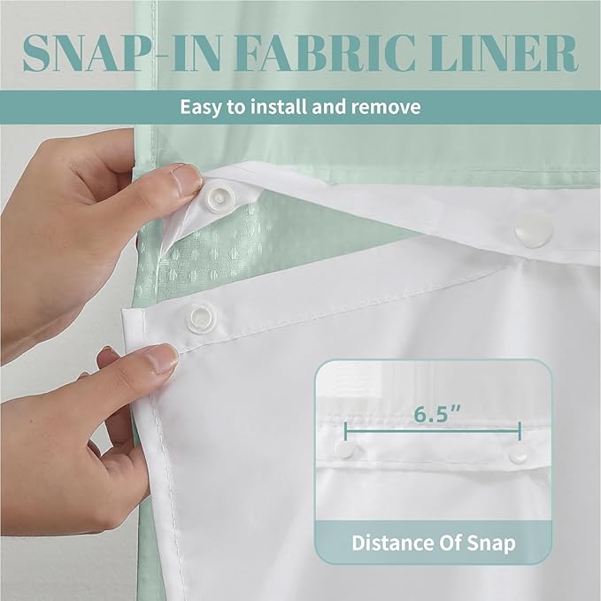 MintGreen No Hook Waffle Weave Shower Curtain with snap-in Liner Replacement, 230GSM Waterproof Fabric Hotel Shower Curtain Set for Bathroom, Through Mesh Top Window,71Wx74H