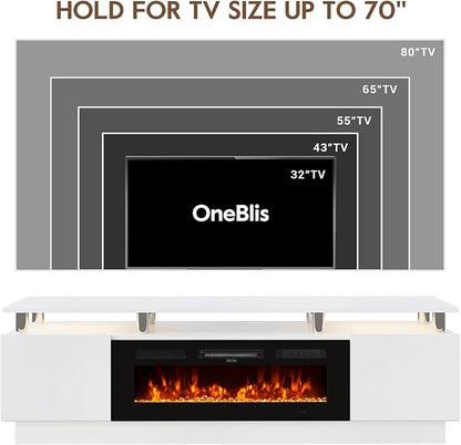 70" TV Stand & Entertainment Center, Media Console with Storage Shelves, Fits TVs up to 80", Modern Living Room Furniture, 36" Electric Fireplace (White+Black)
