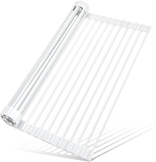 MERRYBOX Roll Up Dish Drying Rack Silicone Wrapped Over The Sink Dish Rack Foldable Dish Drainer Anti-Slip Dish Racks for Kitchen Counter, Multipurpose Kitchen Sink Drying Rack, 20.5" x 13", White