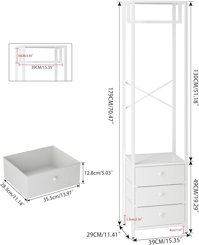YMYNY Coat Racks, Clothes Rack with Drawers, Freestanding Tall Closet Organizer with 3 Fabric Drawers, Clothes Stand for Hanging Shirts, Coat,15.35" L×11.41" W×70.47" H, White UHGR001W