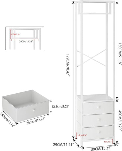 YMYNY Coat Racks, Clothes Rack with Drawers, Freestanding Tall Closet Organizer with 3 Fabric Drawers, Clothes Stand for Hanging Shirts, Coat,15.35" L×11.41" W×70.47" H, White UHGR001W