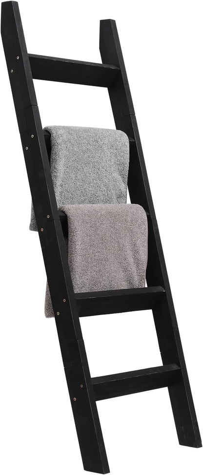 FUIN 5ft (58") Wood Blanket Ladder Living Room Decorative Wall Leaning Farmhouse Quilt Display Holder Storage Rustic Wooden Towel Rack for Bathroom, Black