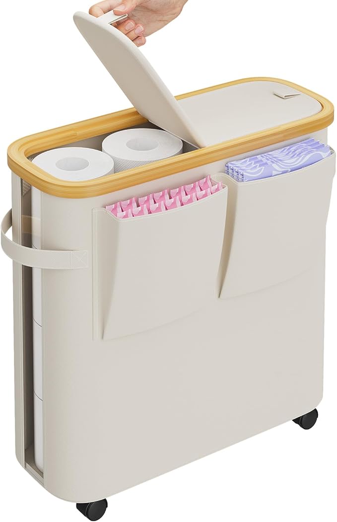 VITVITI Toilet Paper Storage Basket with Lid, Bathroom Toilet Paper Holder Organizer for 9-12 Rolls Large Capacity, Foldable Fabric Bamboo Toilet Paper Container with Pockets, Medium (Beige)