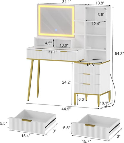 Lighted Vanity Desk with Mirror & Lights – Compact Vanity with5 Drawers ， Built-in Power Strip & USB, Adjustable Shelves, Fluted Panel Design, Makeup Organizer with Storage Shelf for Bedroom,White