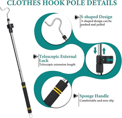 Clothes Hanger Reaching Hook Telescopic Adjustment clothes hook pole Light and can Extend from 37" to 65" with 4.7 "Hook and Sponge Handle.