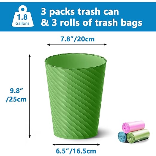 Lysam Bathroom Trash Can, 3 Pack 1.8 Gallons Small Trash Can with Trash Bags, Bathroom Garbage Can, Plastic Trash Bin, Round Waste Basket for Bedroom, Office, Compact Space (Pink Purple Green)