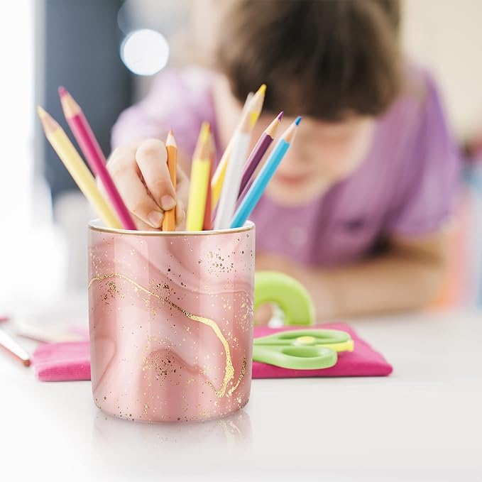 WAVEYU Large Capacity Colored Pen Holder for Desk, Ceramic Pencil Holder Pen Cup Marker Holder Makeup Brush Holders, Desk Accessories & Workspace Organizers for Home, Office, Red Marble