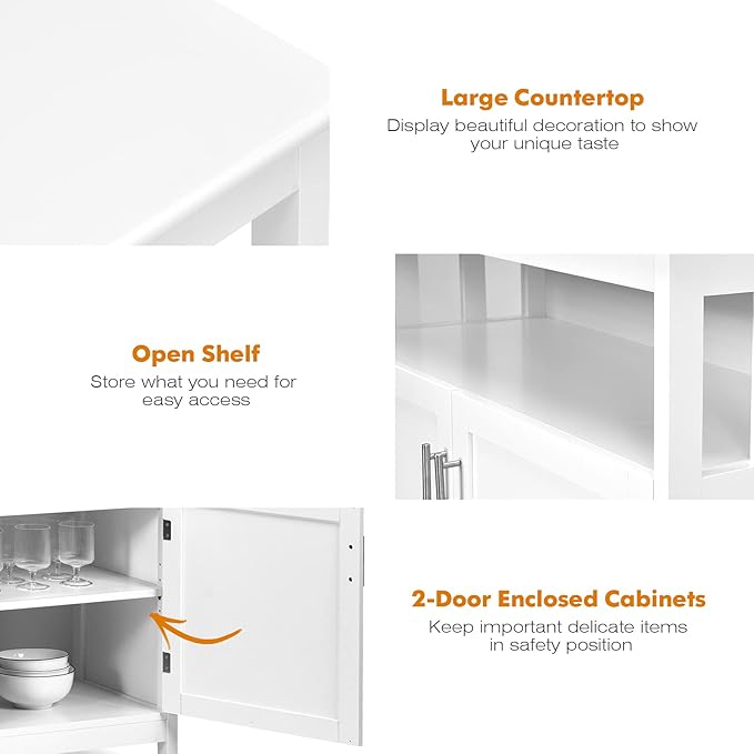 Giantex Kitchen Buffet Sideboard, Wooden Storage Server Cupboard Cabinet, Dining Room Living Room Bar Furniture 2-Door Console Table w/ 5-Position Adjustable Shelf & Open Shelf Drawer Cabinets (White)