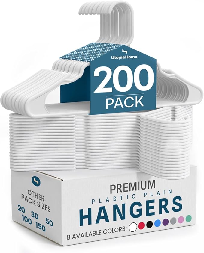 Utopia Home Plastic Hangers 200 Pack - Perfect Space Saving Clothes Hanger - Durable and Strong - Perfect Closet Organizers with Shoulder Grooves (White)