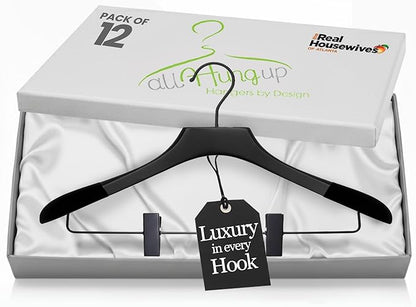 Wooden Hangers with Clips for Women, Solid Wood Skirt & Suit Hangers, Heavy-Duty Adjustable Non-Slip Design with Velvet Grip, Black with Black Velvet, 12 pcs