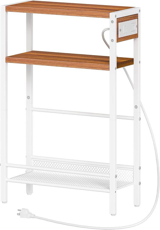HOOBRO Small Narrow Side Table with Charging Station, Skinny End Table for Small Spaces, Slim Nightstand with USB Ports Outlet, Sofa Beside Table with Storage Shelf, White and Walnut WH102UBZ01