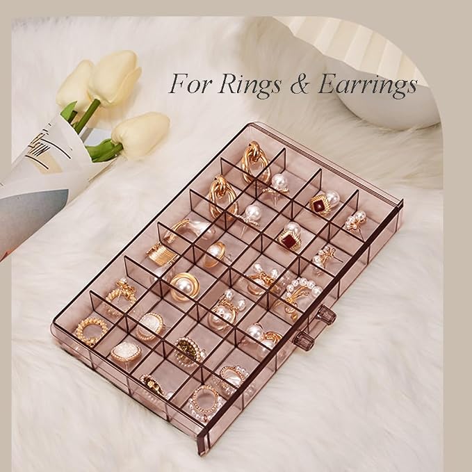 YUFONG Earring Storage Box Organizer 3 Drawers Acrylic Jewelry Storage Box Holder Transparent Jewelry Display Stand with 72 Small Compartments Gift for Women Girls (Clear Purple Brown)