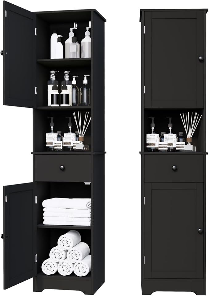 Tall Bathroom Cabinet, Storage Cabinet with 2 Doors & 2Drawer, with Ajustable Shelve, for Bathrooms, Kitchens,Entrances,Bedrooms（Black）