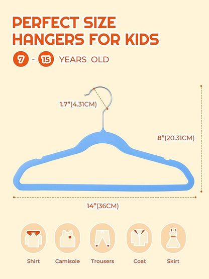 HOUSE DAY 14 Inch Kids Velvet Hangers 50 Pack, Durable Big Kids Hanger for Youth, Non Slip Kid Felt Hangers, Cute Childrens Hanger for Closet, Blue
