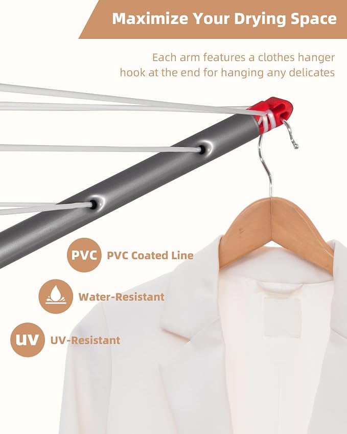 STORAGE MANIAC Portable Umbrella Clothes Drying Rack 8 Lines with 82 Feet Drying Space, Steel Frame & Adjustable Height, 4-arm Umbrella Clothesline for Laundry, Collapsible Indoor & Outdoor Drying